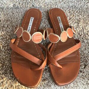 Manolo Blahnik Women's Cognac Flat Leather Slipper Sandals.